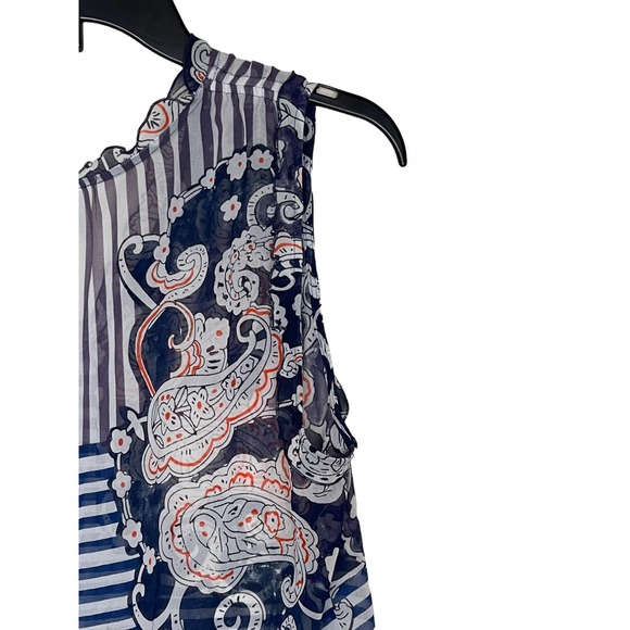 Cabi Women Top Sheer Tank Paisley Striped Ruffled Peplum Sleeveless Blue Small - Picture 7 of 9
